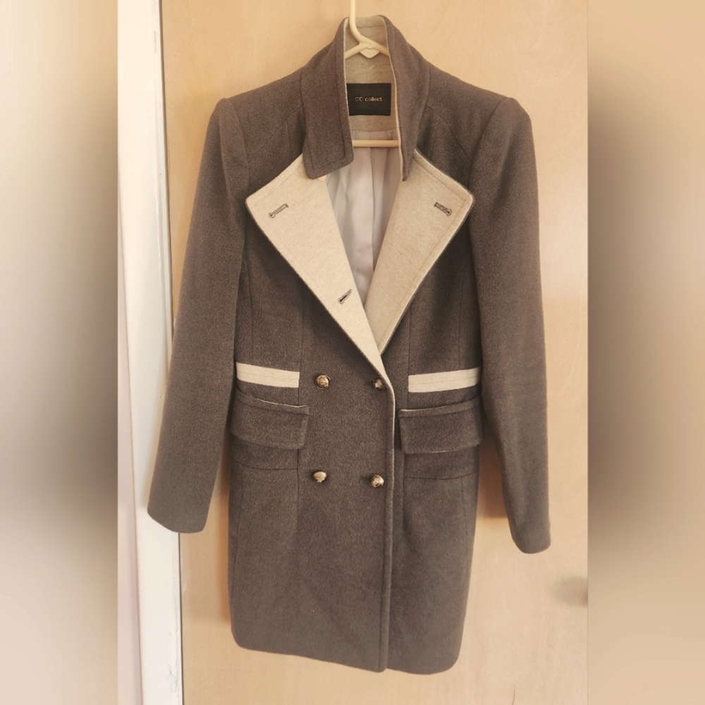 Cc collect wool coat greenish grey with beige trim